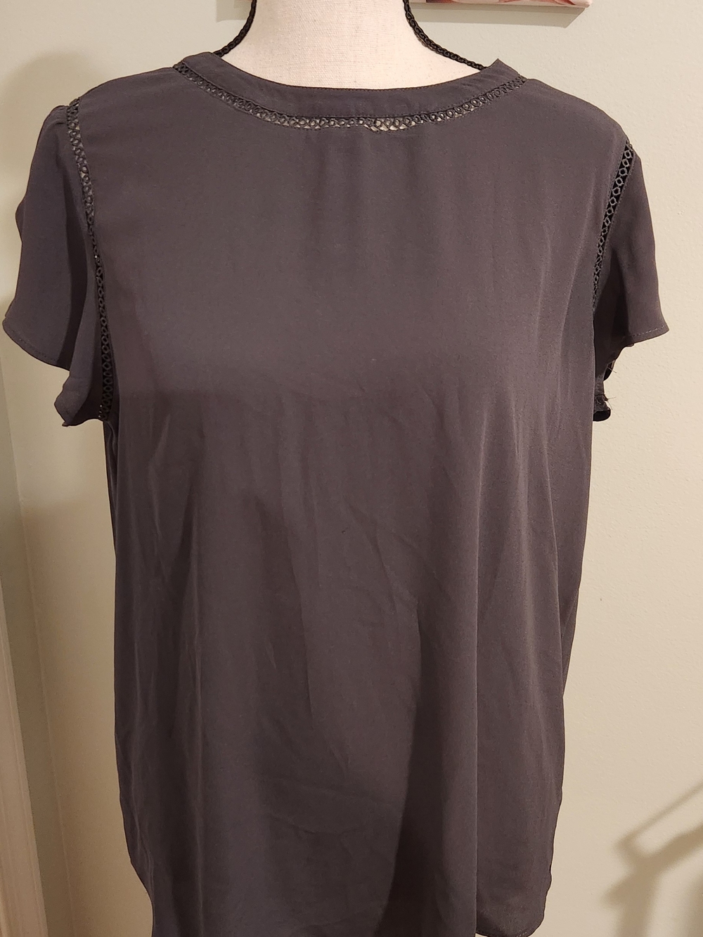 LOFT Dark Blue Short Sleeve Top with Lace Trim